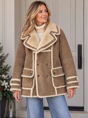 Vintage Friitala Finland Double Breasted Suede Shearling Rancher Car Coat